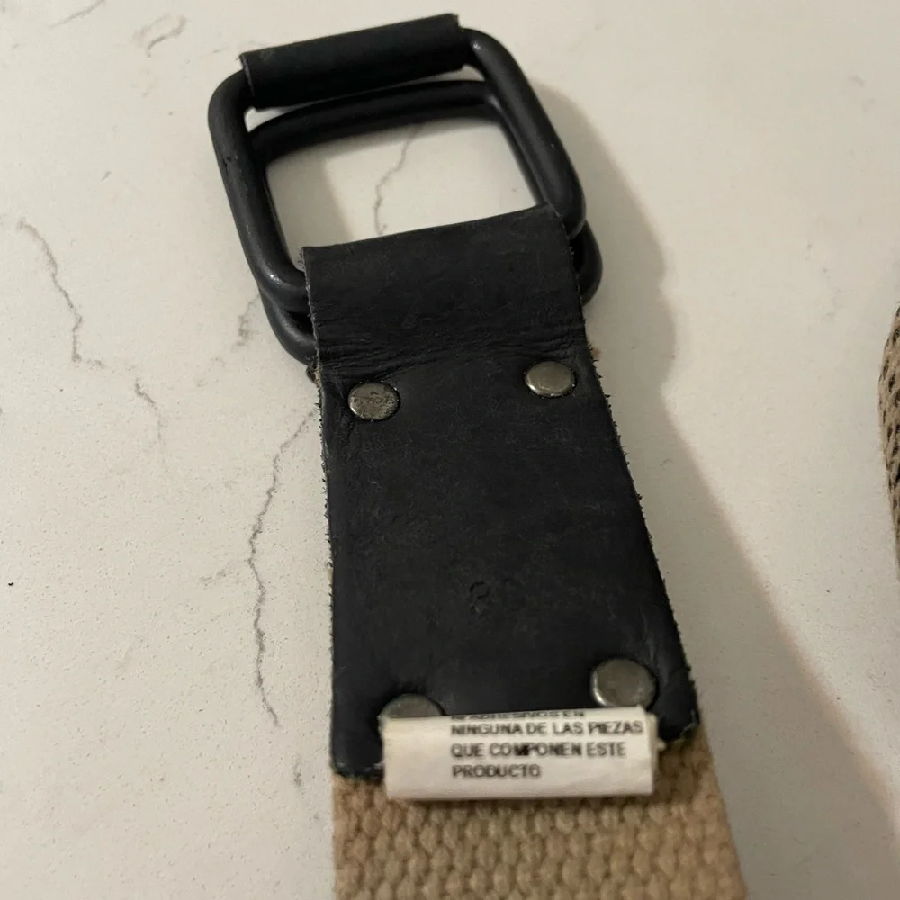 Arturo Calle beige black Woven canvas Striped Belt w Leather trim Men’s size 38